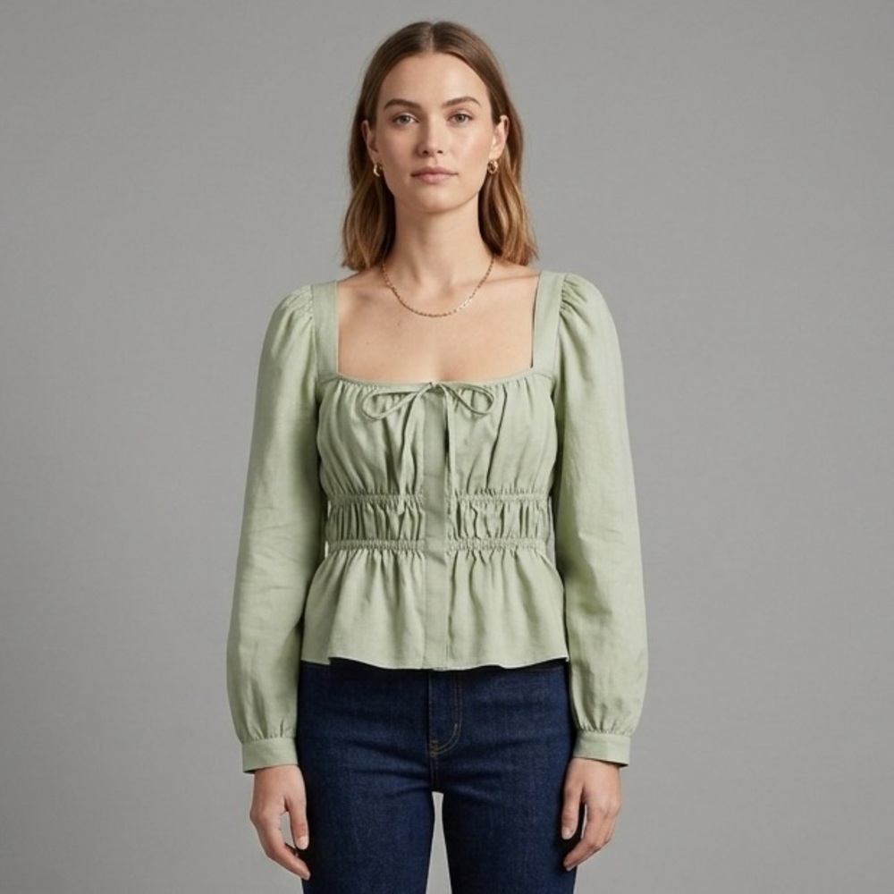 NWT J. Crew Cinched Squareneck Ruched Peplum‎ Blouse in Pistachio